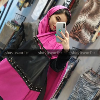 شال موهر ایرانی با چرم - کد 1448 رنگ سرخابی - شال و روسری شایلی