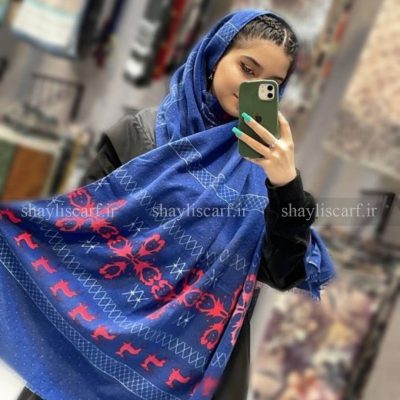 شال موهر ایرانی - طرح گوزنی کد 1662 رنگ آبی - شال و روسری شایلی