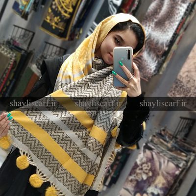 شال موهر وارداتی - کد 1431 رنگ زرد طوسی - شال و روسری شایلی