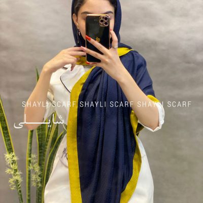 روسری نخی | کد 2655 | رنگ سورمه ای دور زرد | شال و روسری شایلی