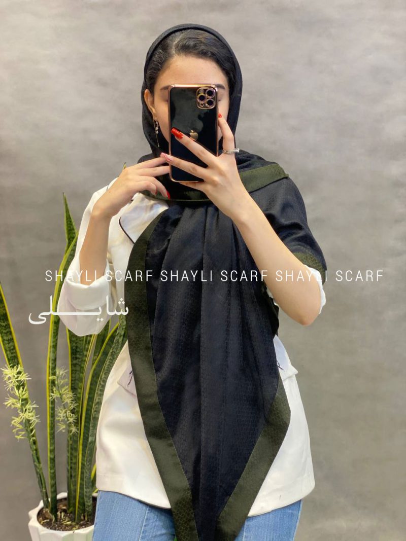 روسری نخی | کد 2655 | رنگ مشکی دور سبز | شال و روسری شایلی
