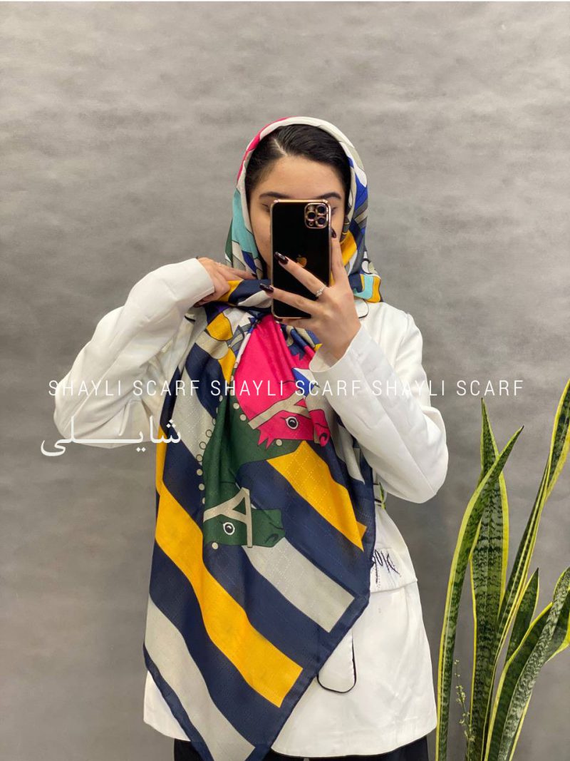 روسری نخی ایرانی | کد 2808 | سورمه ای زرد | شال و روسری شایلی